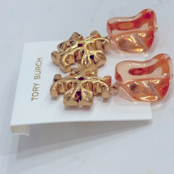 Tory Burch ROXANNE gold logo + orange ice cube drop & dangle statement earrings - Picture 3 of 12